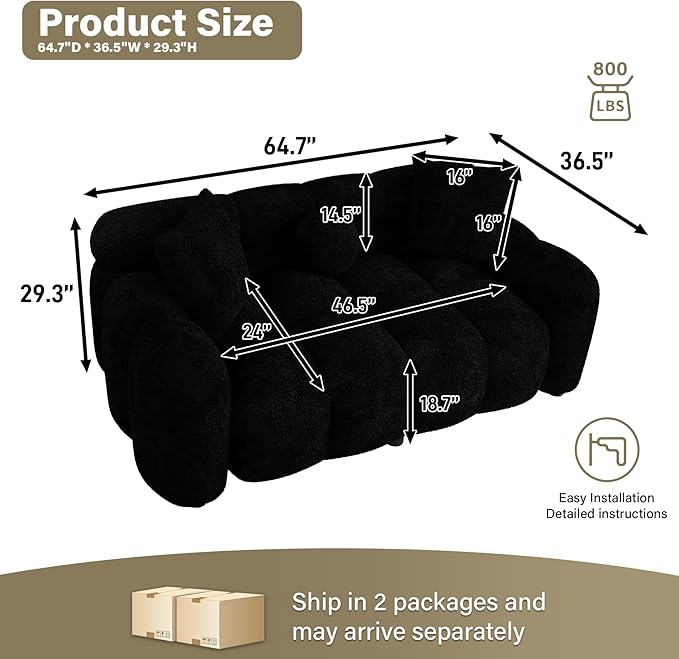 Boucle Sofa Couch 64.7 Modern Tufted Upholstered Teddy 2 Seater Loveseat Sofa with 3 Pillows Comfy Sherpa Deep Seat Cloud Couch Small Love Seat for Living Room Apartment Black