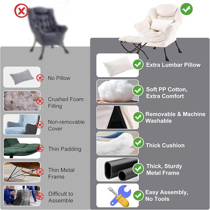 Lazy Chair with Ottoman Modern Accent Chair with Lumbar Pillow Velvet Beige Sofa Armchairs with Folding Footrest Oversized Supportive Chairs for Bedroom Reading