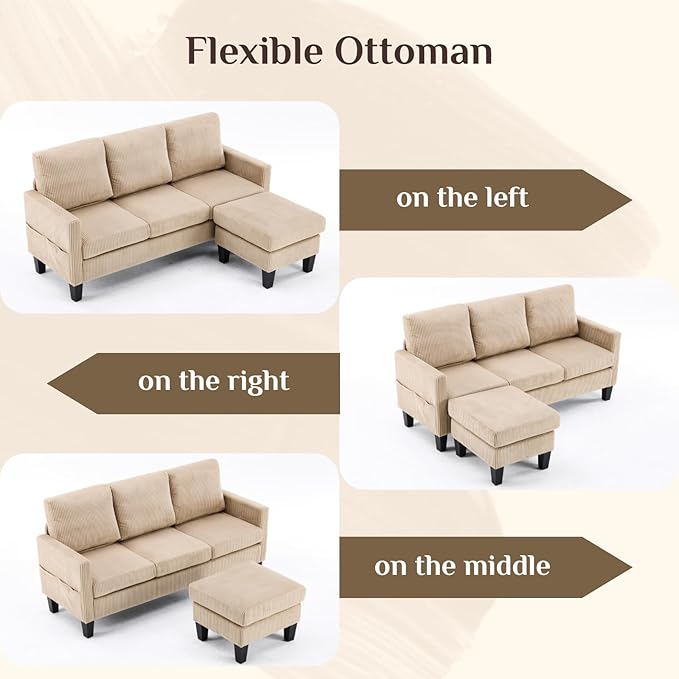 Karl home Small Sectional Couch L Shaped Sofa with Movable Storage Ottoman Corduroy Upholostered Sofa Chaise with Side Pockets for Living Room Apartment Studio Khaki