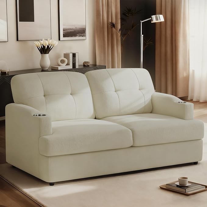 65.5 Chenille Modern Sofa with Cup Holder Tufted Upholstered Couch with Thickened Cushions Comfy 3 Seater Sofa with Deeper Seat for Living Room ApartmentBeige