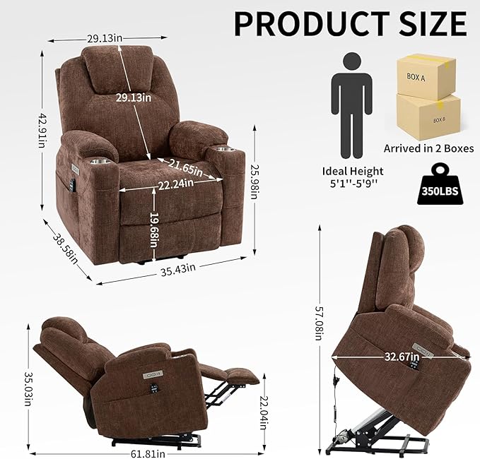 Chenille Electric Power Lift Recliner Chair Massage Single Sofa with Vibration Massage and Lumbar Heating Ergonomic Lounge Couch with Cup Holders and USB Charge Port for Living Room (Brown)