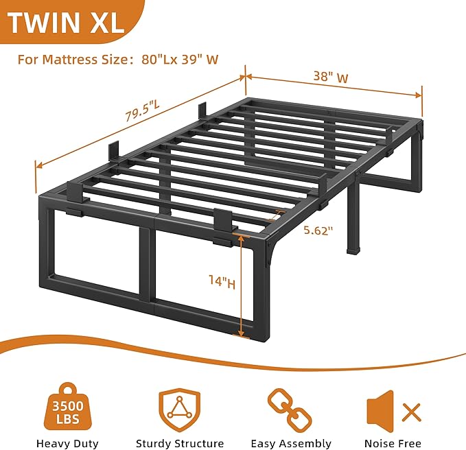 Twin XL Bed Frame 14 Inch Metal Platform Bed Frames with Squeak Free U-Slot Design 6 Non-Slip Guards 3500lbs Heavy Duty Steel Slat Support No Box Spring Needed Under Bed Storage Black