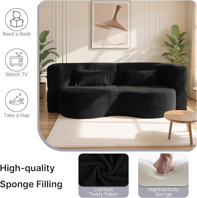 78 Inch Couch Queen Sleeper Loveseat Cloud Sofa Bed Convertible Folding Teddy Full Size Boneless Sofabed for Living Room Guestroom Lazy Lounge Floor Fold Out Sofa Bed No Assembly (Black)