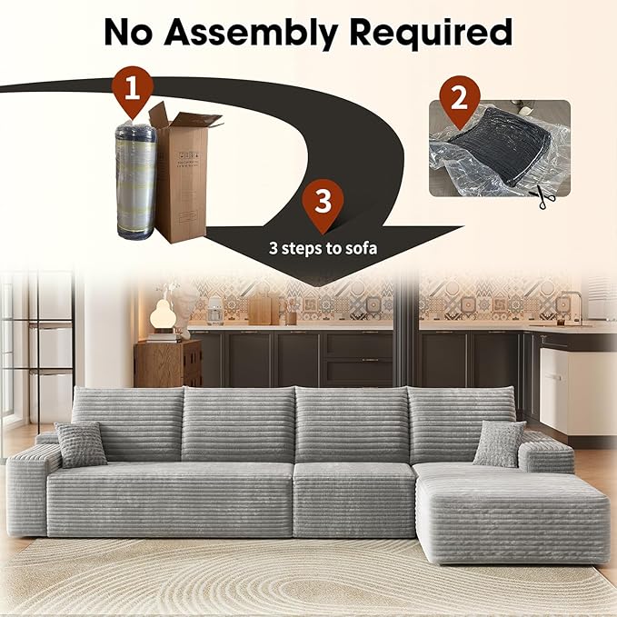 135.4 L-Shaped Sectional Corduroy Boneless Couch with Chaise Modern Modular Couches for Living Room Apartments Upholstered Cloud Sofa with Deep Seat No Assembly Required (Grey)