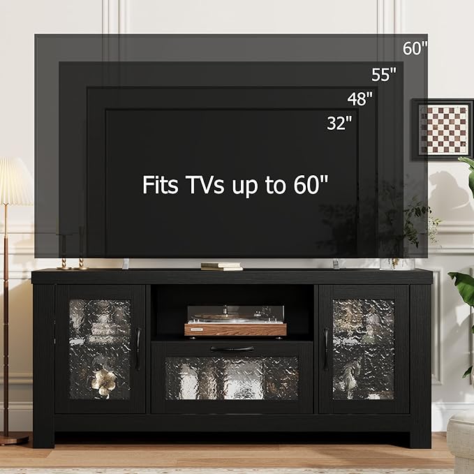 IDEALHOUSE TV Stand for 65 Inch TV Farmhouse Entertainment Center with Acrylic Door Storage Cabinet &amp Adjustable Shelves TV Console Table for Living Room Bedroom Black