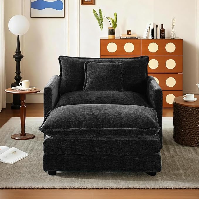 SoarFlash Chenille Sectional Sofa Comfy Modular Single Sofa with Ottoman Modern Recliner Deep Seat Sofa Set for Living RoomBlack