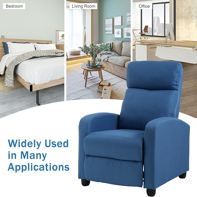 Recliner Chair for Living Room Fabric Sleeper Chairs for Adults Adjustable Comfortable Chair Single Sofa Chair Reading Chair for Bedroom with Footrest (Leather Blue)