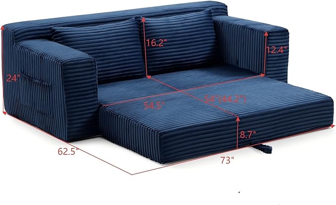73 Convertible Sofa Bed Pull Out Loveseat Sleeper Sofa with Side Pockets 2 in 1 Folding Couch Bed Fold Out Floor Couch Lounge Sofa with 2 Pillows for Living Room Apartment (Blue)