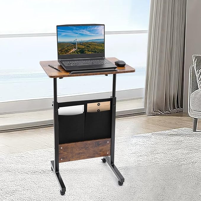 Small Adjustable Standing Desk with Wheels Mobile Stand Up Desk Portable Computer Desk Adjustable Height Table for Home Office Rolling Workstation