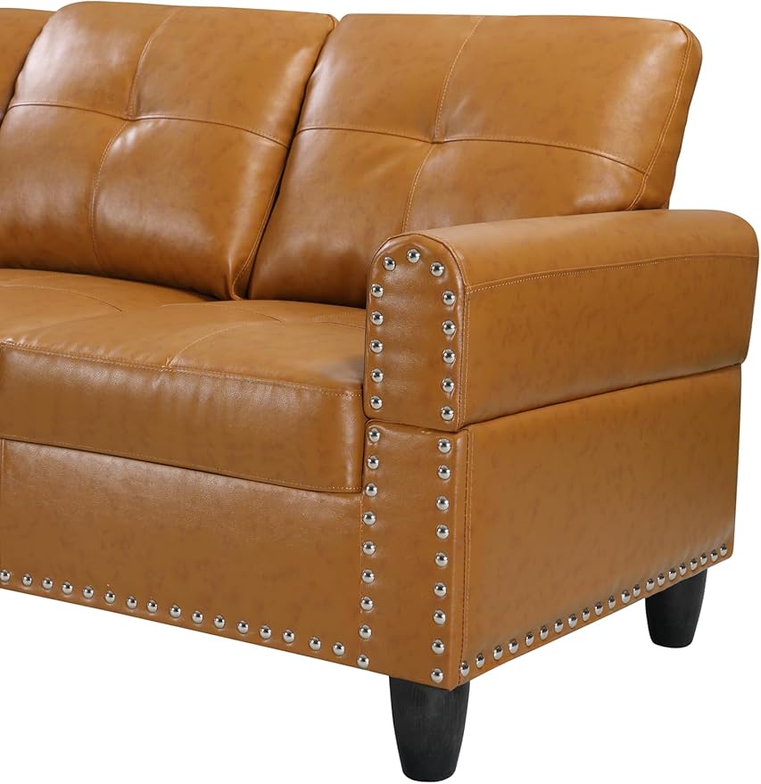 Ball &amp Cast 98 L Shaped Sectional Couch for Living Room with Chaise&ampStorage Ottoman4 Seat Faux Leather Upholstered Modular Sectional Sofa Set 3 PCS W/Cup Holders&ampCoffee Tablefor HomeOf
