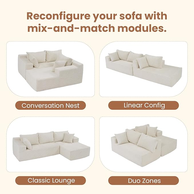 OC Orange-Casual 106.3 Cloud Sectional Couch with L-Shape Chaise No Assembly Required Modular Sofa Upholstered Boneless Couches for Living Room Plush Corduroy Fabric (White Right Facing Chaise)