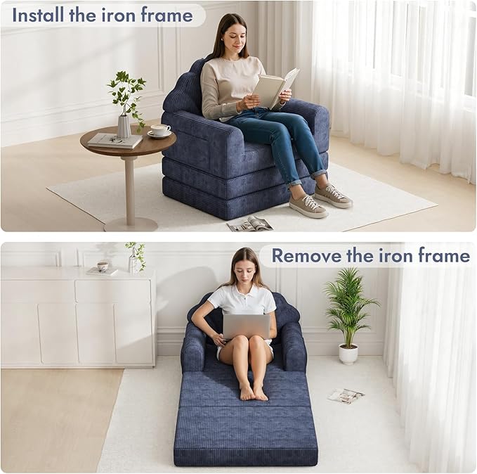 2-in-1 Folding Sofa Bed with Back Support 75 D x 34 W Convertible Futon Sleeper Chair for Adult Fold Out Bean Bag Floor Foam Lounger Couch for Living Room Bedroom Small Space Navy Blue
