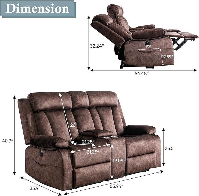 Reclining Loveseat-Power Reclining Loveseat with ConsoleDouble Recliner Loveseat with Heat and MassageElectric Loveseat Recliner with Cup HoldersUSB &amp Type-C Charge Ports for Living RoomRV