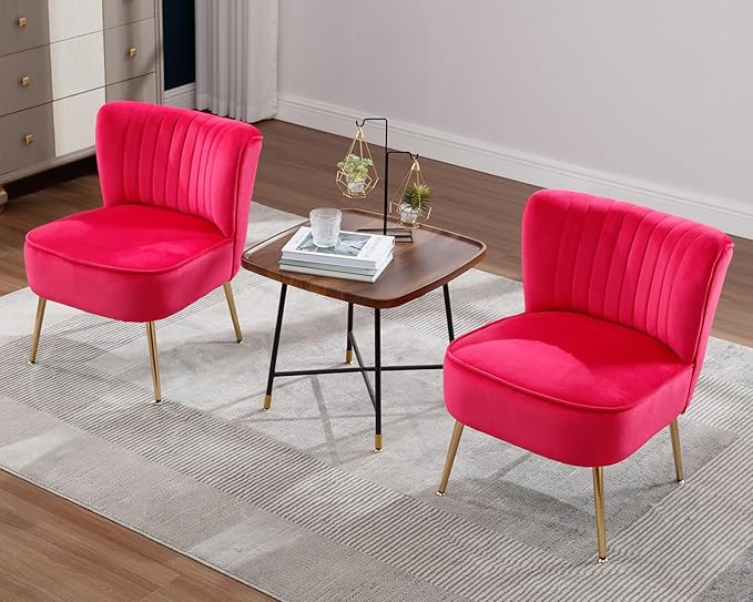 KCC Modern Velvet Upholstered Accent Chair Set of 4Mid Century Living Room Chairs with Golden LegsComfy Armless Chair Wingback Single Sofa Side Chair for BedroomHot Pink