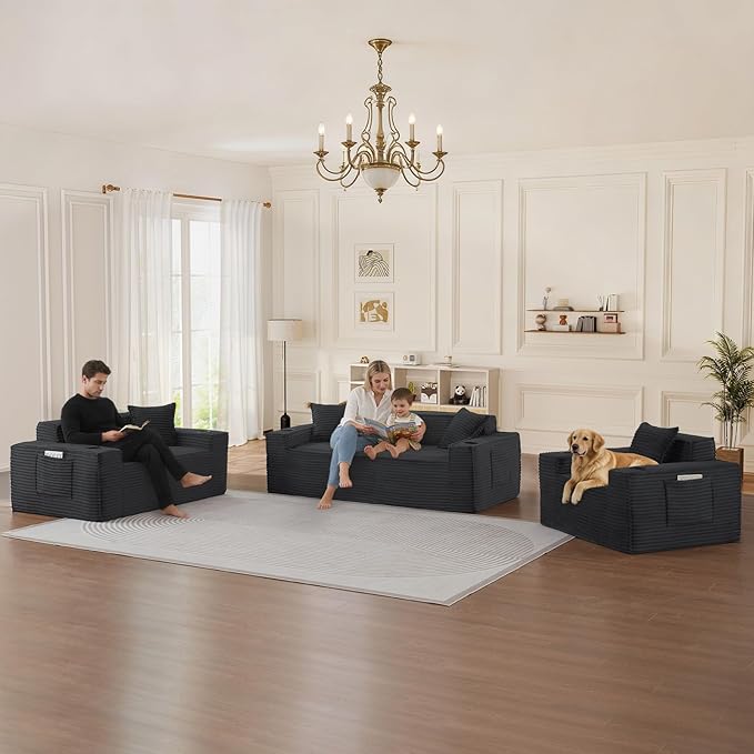 Boneless Corduroy 3-Seater Sofa 80.7-Inch Oversized Comfy Cloud Deep Seat Loveseat Sofa with Cup Holder Modern Couch for Living Room Bedroom No Assembly Grey