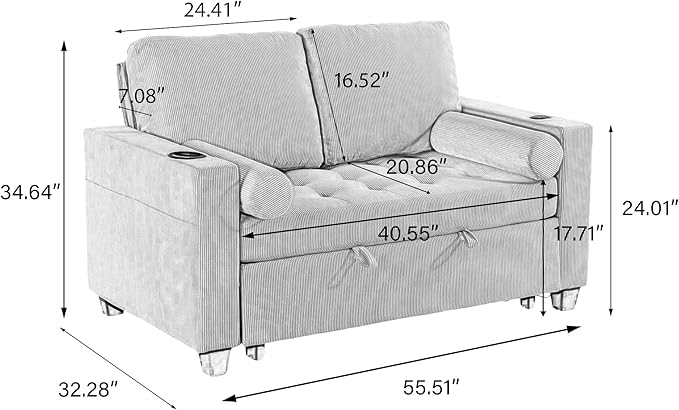 55 Convertible Sofa Bed Comfy Corduroy Sleeper Sofa with Pull-Out Bed 3-in-1 Loveseat Sleeper Sofa Bed with 3-Levels Adjustable Backrest Side Pocket Cup Holder USB for Living RoomLight Gray