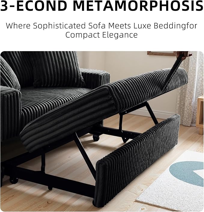 3 in 1 Convertible Sofa Bed52.8 Pull Out Couch with 2 Pillows and Side PocketsModern Corduroy Fabric Sleeper Loveseat with Adjustable Backrest for Living Room Bedroom Apartment (Black Corduroy)
