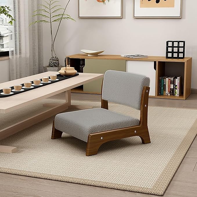 Japanese Floor Chair with Back SupportLow-Back Meditation Floor Seat with Soft CushionPortable Wood Armless Tatami Chair Meditation Living Room Bedroom Bay WindowReading