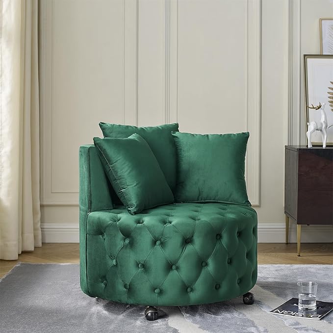 JOYBASE Swivel Barrel Chair Round Swivel Accent Chair with 3 Pillows Cozy Comfy Lounge Chair Circle Club Chair Armchair Modern Sofa Chair for Living Room Bedroom (Green Velvet)