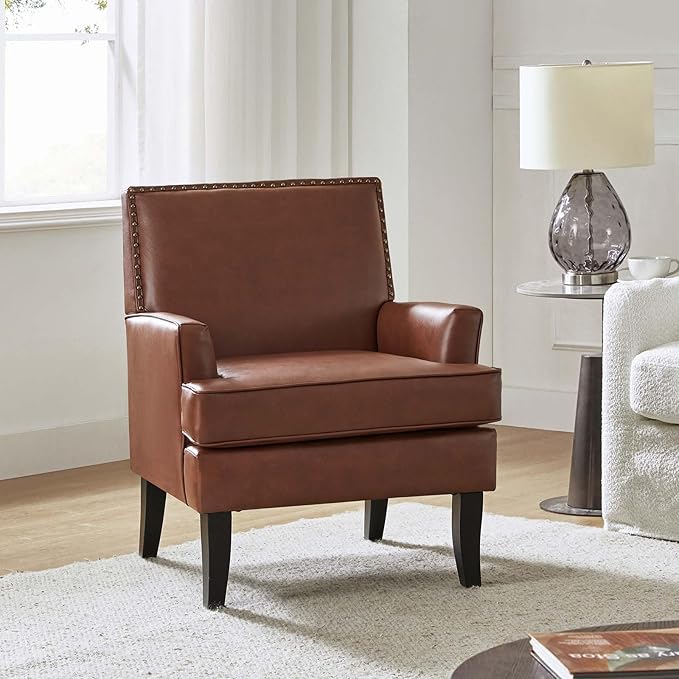 HULALA HOME Modern Faux Leather Accent Chair Comfy Upholstered Sofa Chair with Nailhead Trim Living Room Bedroom Armchair with Wood Legs Brown