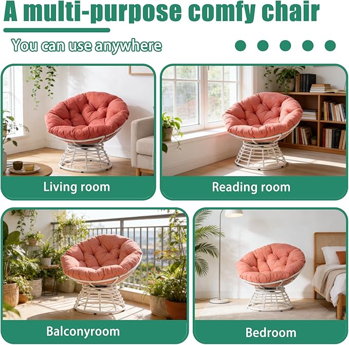 43 Ergonomic 360° Swivel Papasan Chair Wicker Round Chair with Thick Cushion Lounge Chair for Living Room Bedroom Reading Nook Indoor Outdoor Use Orange Cloud &amp White Frame