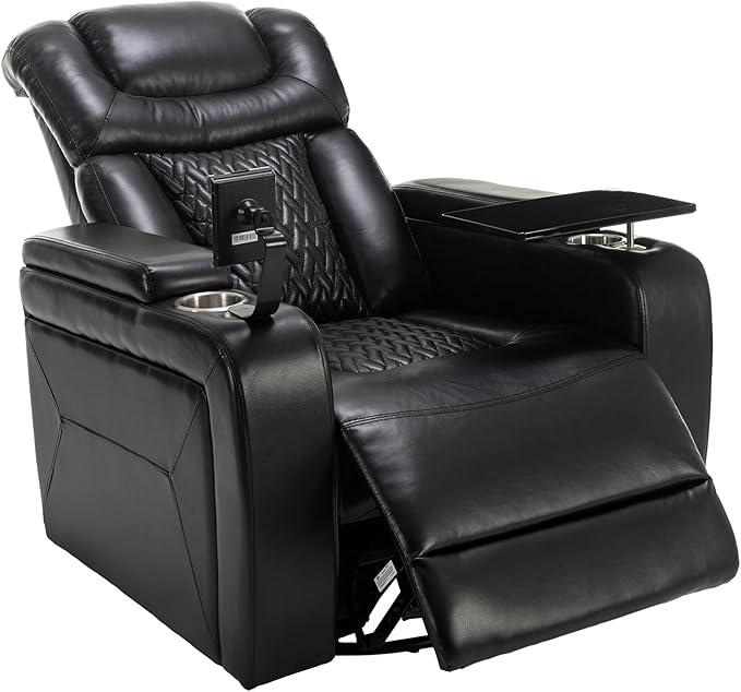 270 Degree Swivel Chair PU Leather Power Recliner Individual Seat with Comforable Backrest Tray Table Phone Holder Cup Holder USB Port Hidden Arm Storage for Living Room Home Theater Black