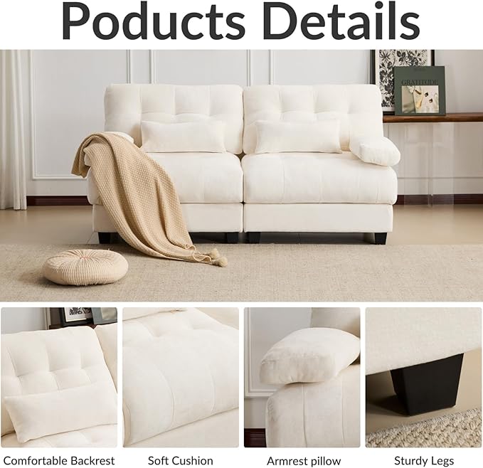 KEIKI 67 Loveseat Chenille Modular Sectional Couches with 4-Position Adjustable Backrest &amp 2 Throw Pillows Comfy Couch Sofa for Living Room Apartment Indoor 350lb/Seat