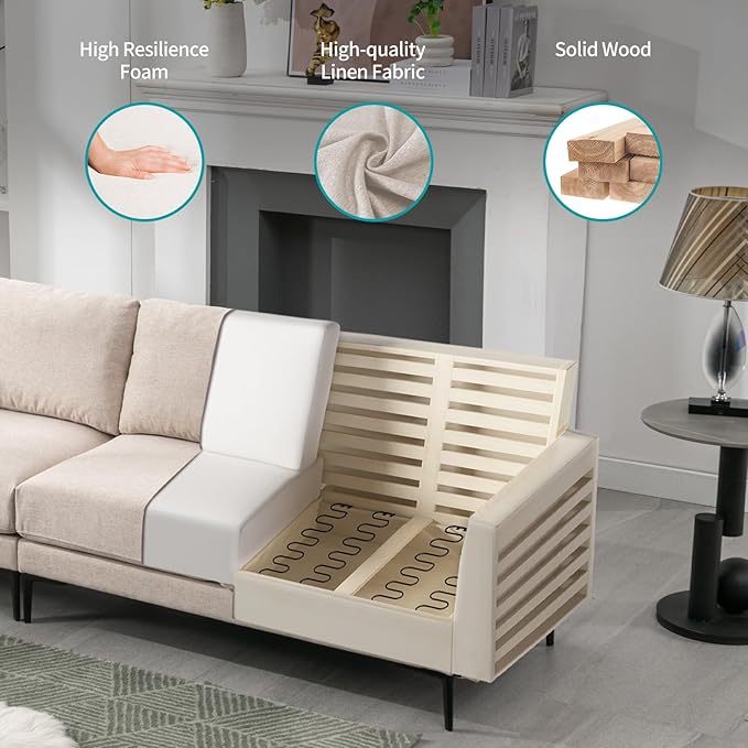 BALUS 107 Width Sectional L Shaped Sofa Couch Set for Living Room Convertible Oversized 5-Seat Corner Sofa Sets with 2 Pillows Modern Linen Sofas with Metal Legs for Living Room Apartment - Beige