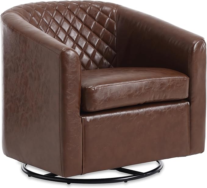 Modern Swivel Rocker Accent Chair Armchair Round Swivel Barrel Chair 360° Rotating and Glide Back and Forth Brown PU Leather
