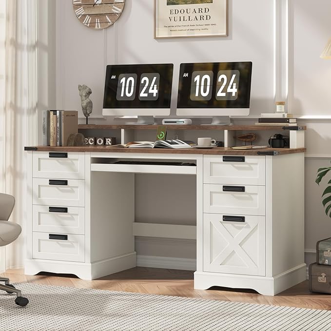 60 Farmhouse Executive Desk with 8 Drawers Wood Computer Desk with Keyboard Tray and Charging Station Home Office Desk Writing with File Drawer Fits A4 Size for Work and Study White and Brown