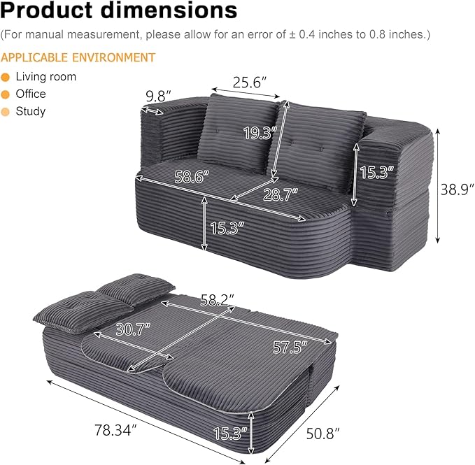 78.4 Convertible Sleeper Sofa Bed Floor Couch Loveseat with Functional Blanket and 2 Soft PillowsCorduroy Fabric Boneless Futon Couch for Living RoomBedroomApartment (Dark Grey)