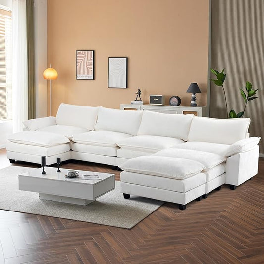 VINGLI 157 Cloud White/Cream Convertible Sectional Sofa Comfy U-Shape Extra Deep Seat Sofa Couch for Living RoomModern Chenille 4-Seat Convertible Sofa with 3 Movable Ottomans for Small Space
