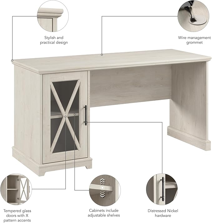 Bush Furniture Lennox 60W Farmhouse Desk with Storage Cabinet in Linen White Oak | Computer Table for Home Office Workspace