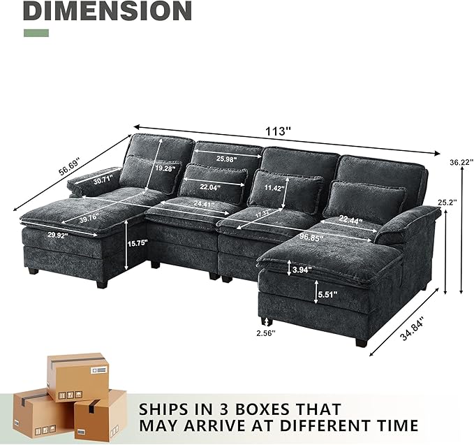 112 Modular Sectional Sofa U Shaped Comfy Cloud Couch with Double Chaise and Padded Armrests Modern Deep Seat Sectional Couches for Living Room Apartment Office Dark Grey