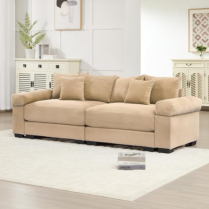 92 Corduroy Sectional Couches for Living Room Camel Comfy Oversized Sectional Sofa Set with Deep Seat Large Love Seat Couches Sofas para Sala Loveseat Couch with Chaise Lounge