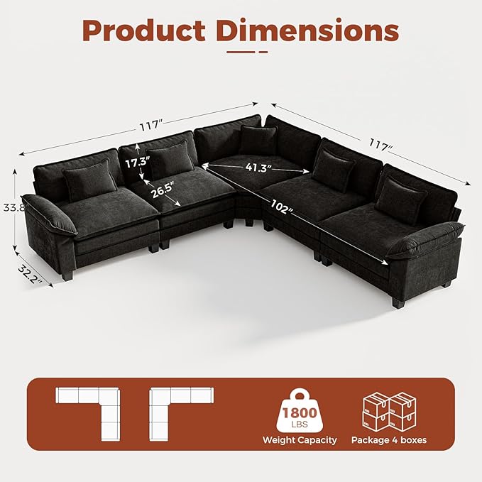CDCASA 117 Oversized Modular Sectional Sofa with Corner Comfy V-Shaped Cloud Couch 5-Seater Chenille Deep Seat Modern Sofa Couch for Living Room DIY Combination Black