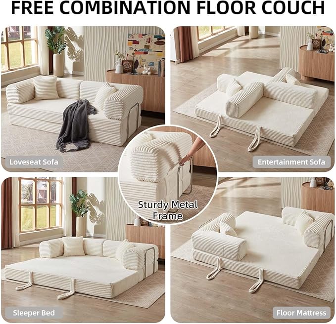 81 Inch Convertible Folding Sofa BedFold Out Floor Sofa Couch with Fixed-Shape FrameCorduroy Foldable Mattress Cloud Couch for Living Room Bedroom (Off White)
