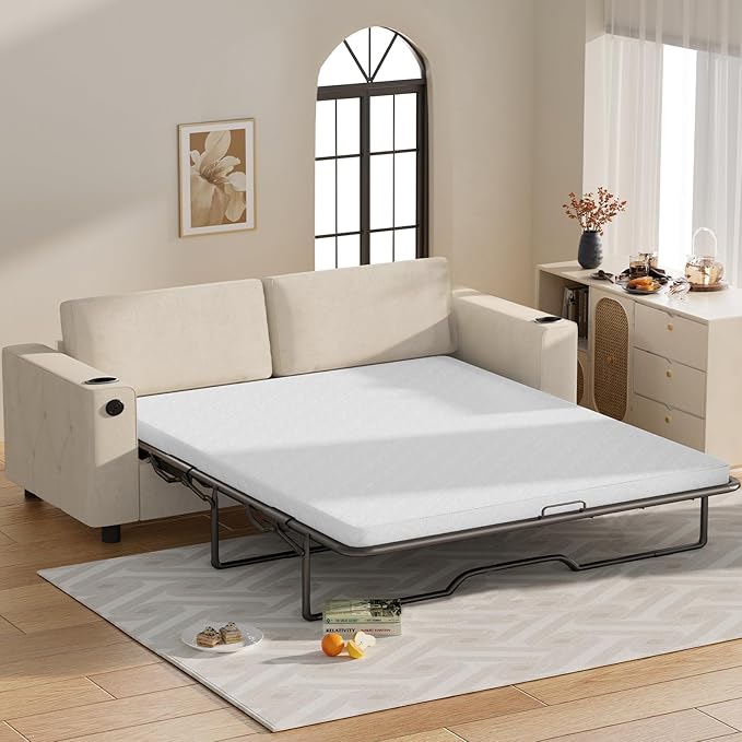BALUS 2-in-1 Queen Size Pull Out Sofa Bed Velvet Convertible Sleeper Sofa Couch with Memory Foam Mattress Modern Pull Out Couch with 2 Cup Holders and USB Charging Ports for Living Room Beige