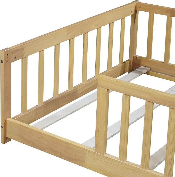 Bellemave Twin Floor Bed with Slats and Safety Guardrails Kids Montessori Floor Beds with Fence and Without Door Easy Assemble Floor Bed for Kids Girls Boys Natural