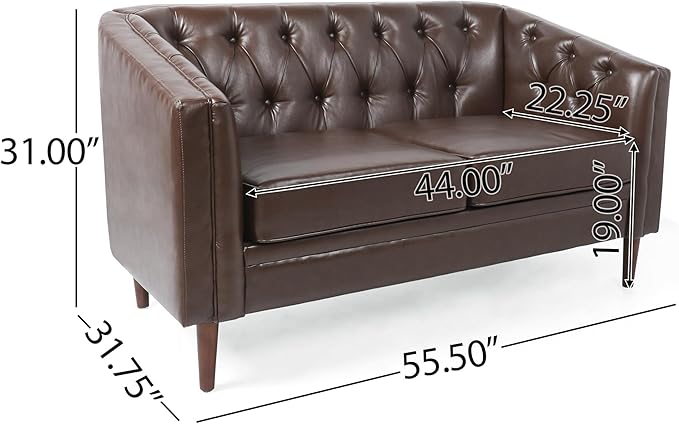 Dark Brown Loveseat Sofa PU Leather Tub Chair with Button-Tufted Stitch Contemporary Two-Seater Couch with Birch Wood Legs for Living Room