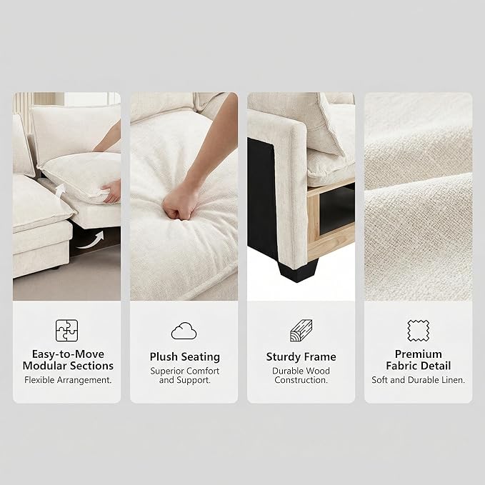 Homy Casa 102 Inch L Shaped Couch Set3-Seat Sectional Sofa with Chaise Comfortable Chenille Fabric Removable Cushions Ottoman DIY CombinationModern Design for Living/Family Room – Beige