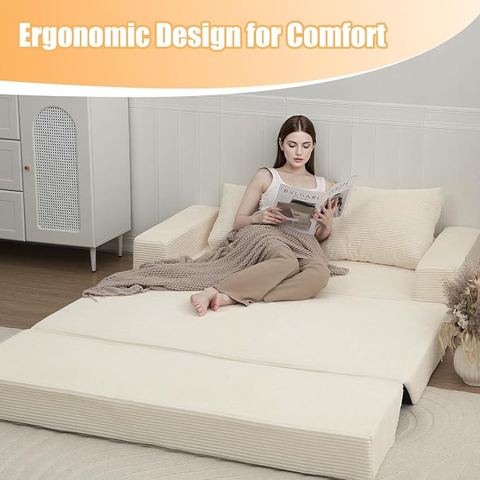 COMAX Convertible Sofa Bed Queen Folding Floor Couch Corduroy Boneless Sofa Pull Out Couch Bed Futon Sleeper with Pillows Fold Out Comfy Lounge Mattress Loveseat for Living Room Bedroom Beige