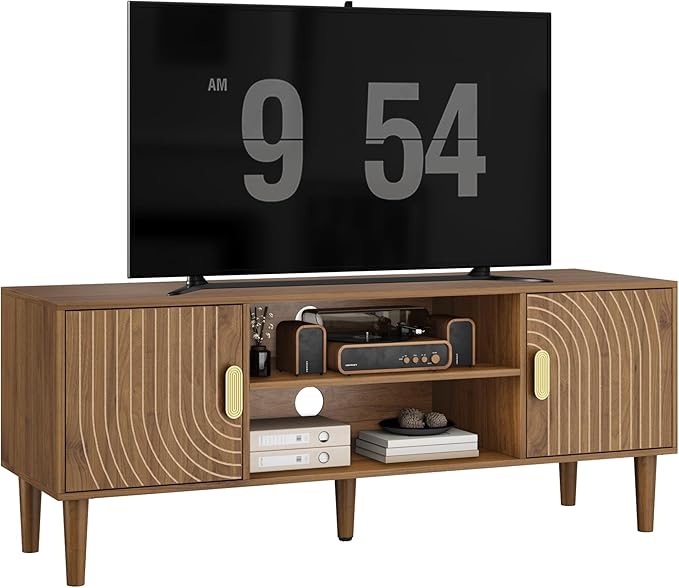 Smuxee Walnut TV Stand with Line Groove Design 47.2 Mid Century Modern TV Media Console for TVs up to 55 TV Cabinet with Adjustable Shelf &amp 2 Cabinets for Living Room