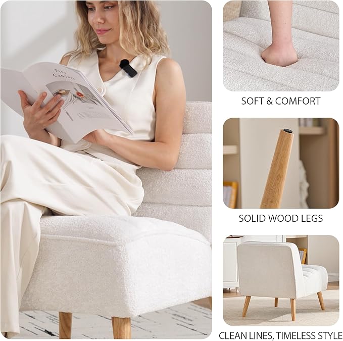 Armless Accent Chair Single Sofa Chair Mini Cute Side Sofa with Sherpa Fabric Upholstered Cushion for Small Space Apartment Bedroom Living Room White.