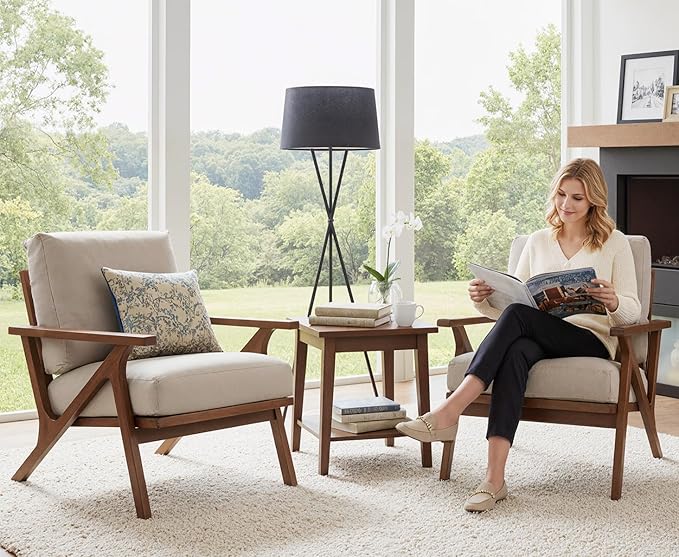 HNY Set of 2 Mid Century Accent Chair Faux Leather Upholstered Armchair with Wood Frame and Canvas Cushions Leisure Reading Chair Slipper Chair for Living Room Bedroom Beige