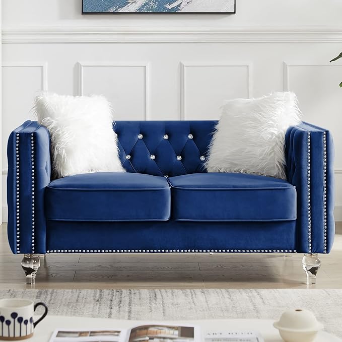 mikibama Velvet Loveseat with Buttons and Square Arms 59 Inch Tufted Sofa with Trimmed Nailhead and Acrylic Legs Loveseat Couch for Living RoomBedroom (Navy Blue-Crystal Legs Loveseat)