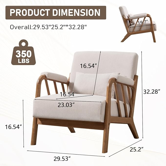 Bonzy Home Mid Century Modern Accent Chair Upholstered Arm Chair Solid Wood Comfy Reading Chairs with Lumbar Pillow for Living Room Bedroom Reading Room Beige