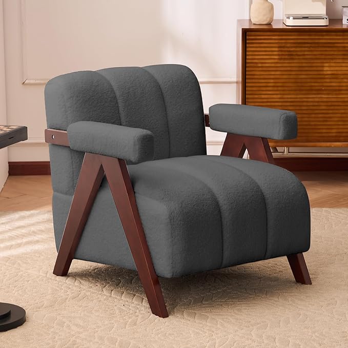 Accent Chair Mid-Century Modern with Wide Backrest for Bedroom Upholstered Living Room Chair with Wooden Lounge Armchair with Thick Cushion Cute Teddy Comfy Chair Dark Grey