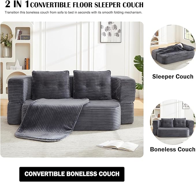 Convertible Boneless Couch 78.3” Full Size Floor Sleeper Couch Full Foam Corduroy Futon Loveseat for Living Room Bedroom No Assembly Required (Dark Grey)