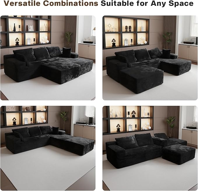 106'' Modular Sectional Sofa U Shaped Boneless Cloud Couch with Chaise and Ottoman 4-in-1 Flexible Combination Faux Rabbit Fur &amp Layered Cushion Deep Seat for Living Room No Assembly Black